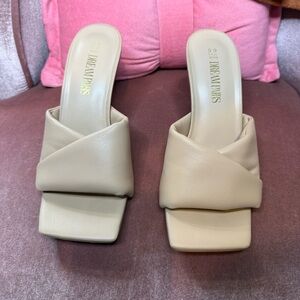 JustFab Women's Tan Square Toe Kitten Heels